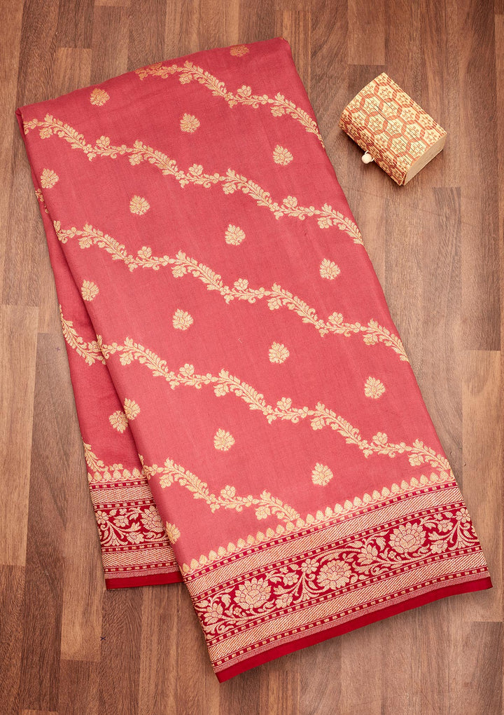 Onion Pink Silk Jaal Gold Zariwork Saree With Matching Blouse Piece