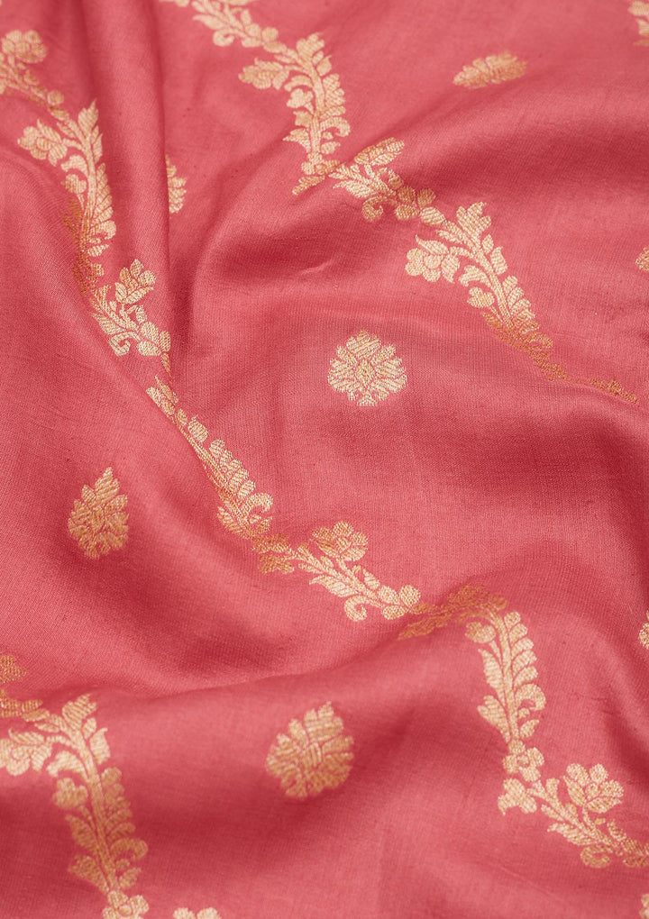 Onion Pink Silk Jaal Gold Zariwork Saree With Matching Blouse Piece