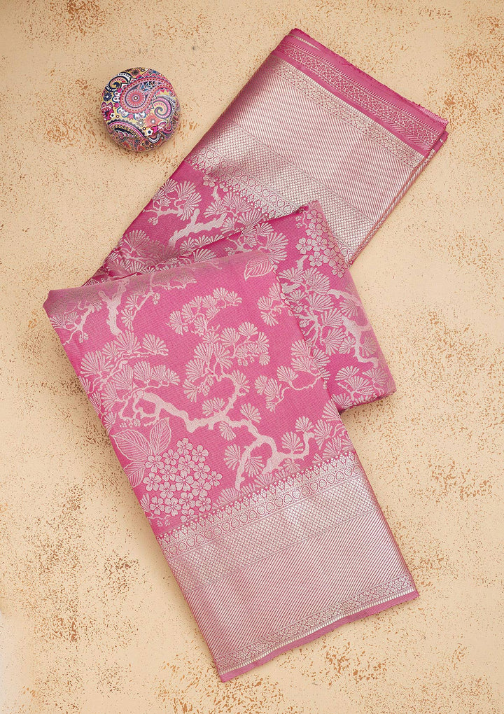 Onion Pink Tissue Jaal Silver Zariwork Saree With Matching Blouse Piece