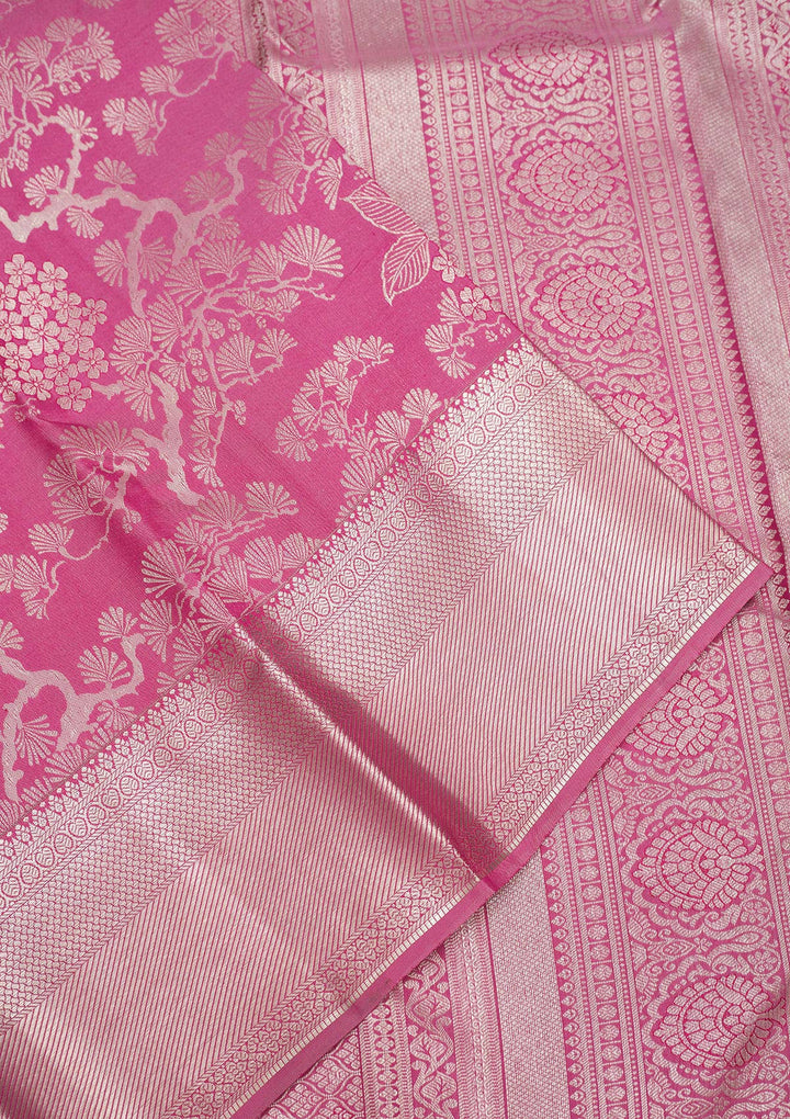Onion Pink Tissue Jaal Silver Zariwork Saree With Matching Blouse Piece