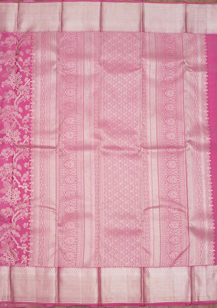 Onion Pink Tissue Jaal Silver Zariwork Saree With Matching Blouse Piece