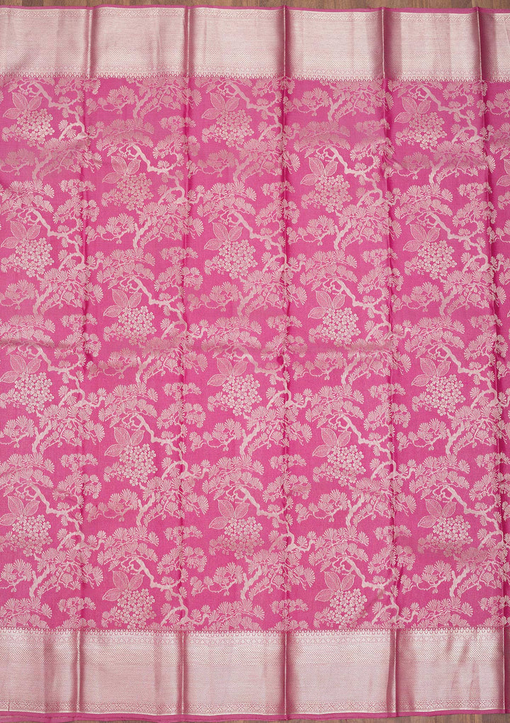 Onion Pink Tissue Jaal Silver Zariwork Saree With Matching Blouse Piece