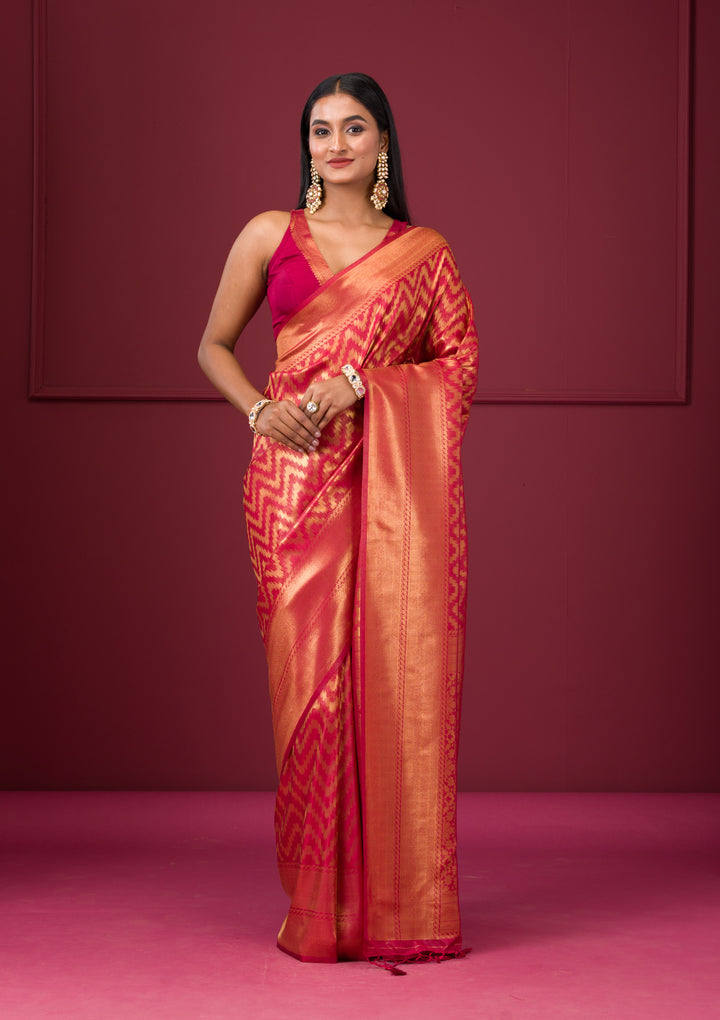 Onion Pink Silk Stripes Gold Zariwork Saree With Matching Blouse Piece