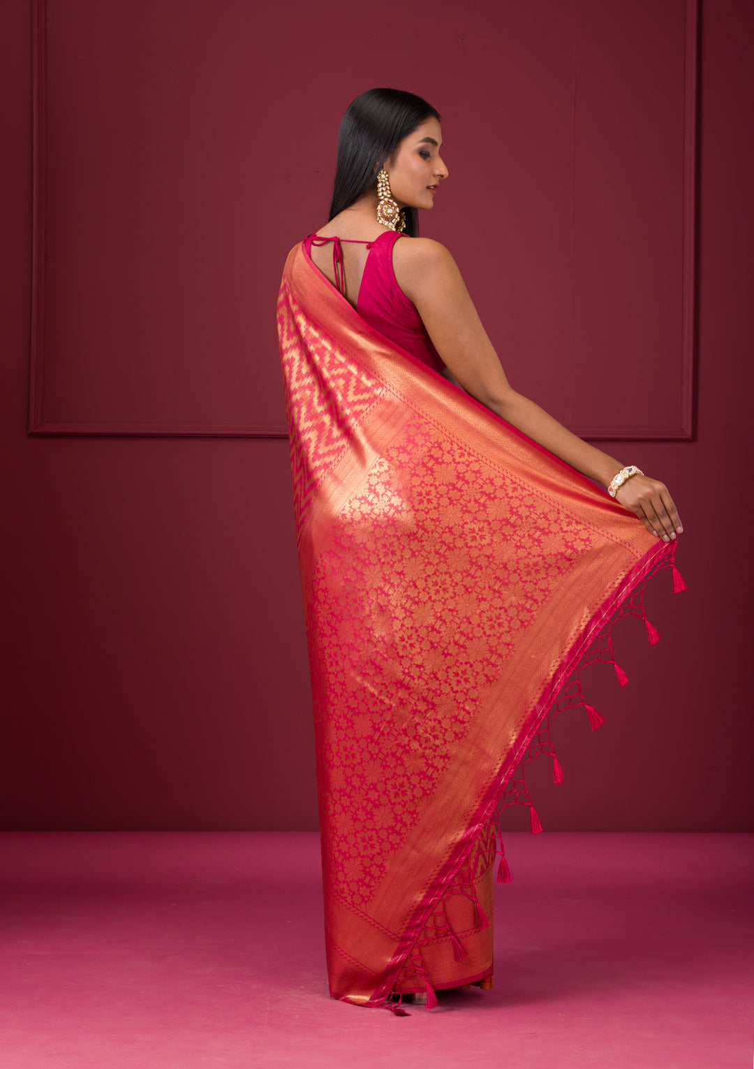Onion Pink Silk Stripes Gold Zariwork Saree With Matching Blouse Piece