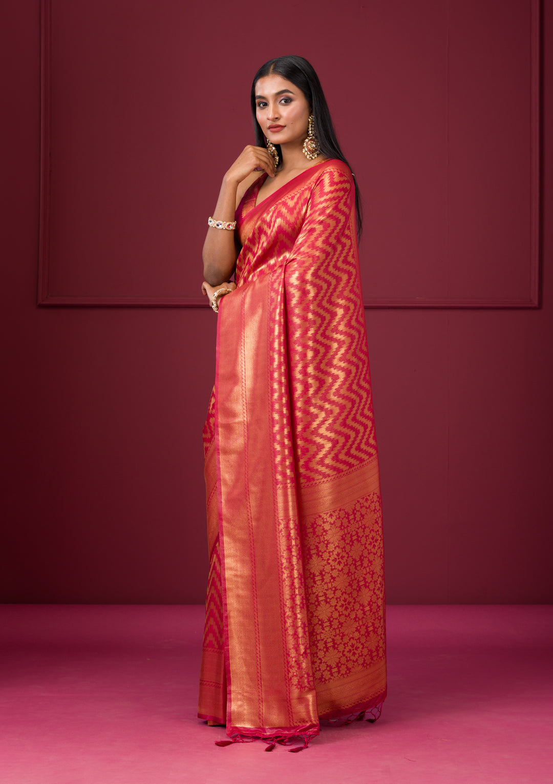 Onion Pink Silk Stripes Gold Zariwork Saree With Matching Blouse Piece