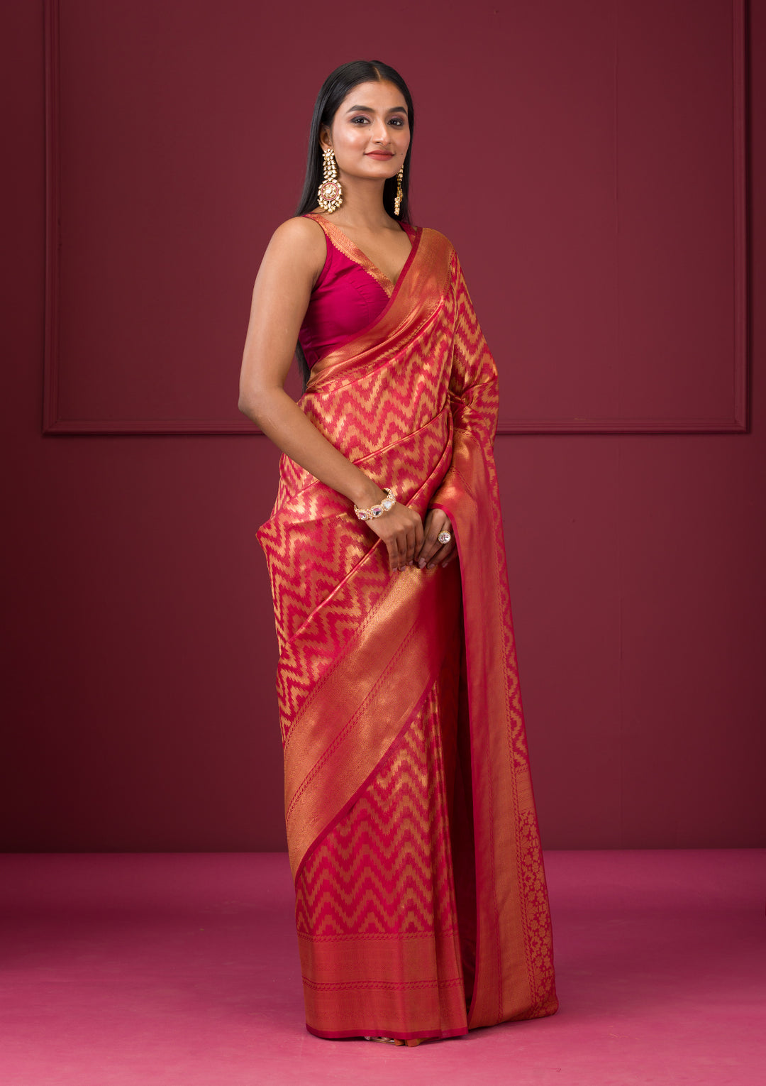Onion Pink Silk Stripes Gold Zariwork Saree With Matching Blouse Piece