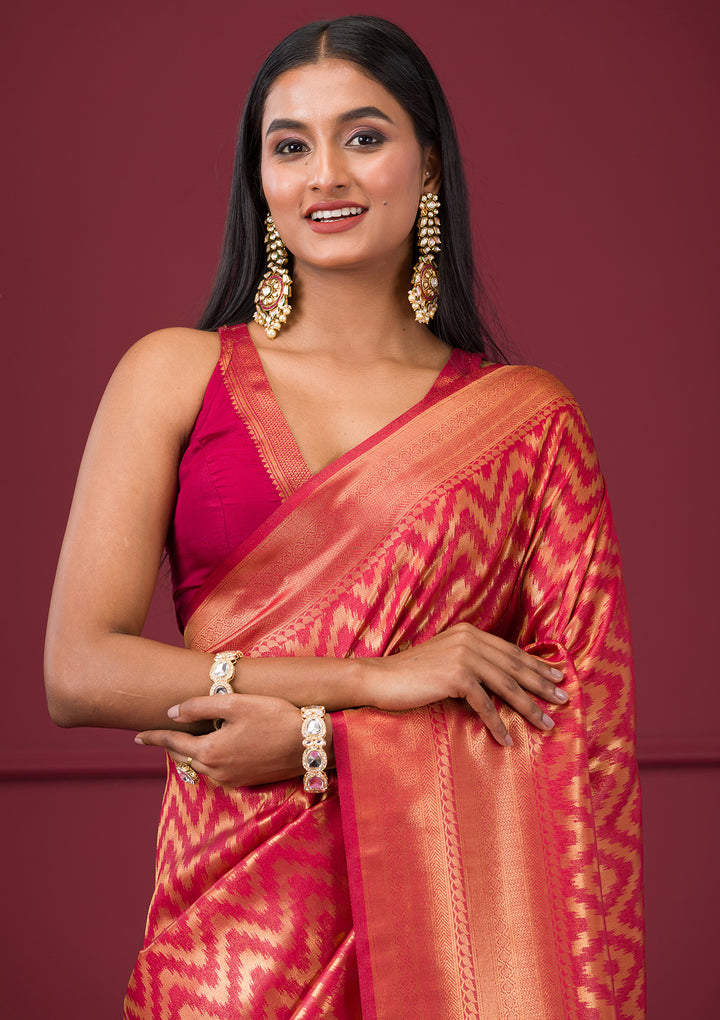 Onion Pink Silk Stripes Gold Zariwork Saree With Matching Blouse Piece