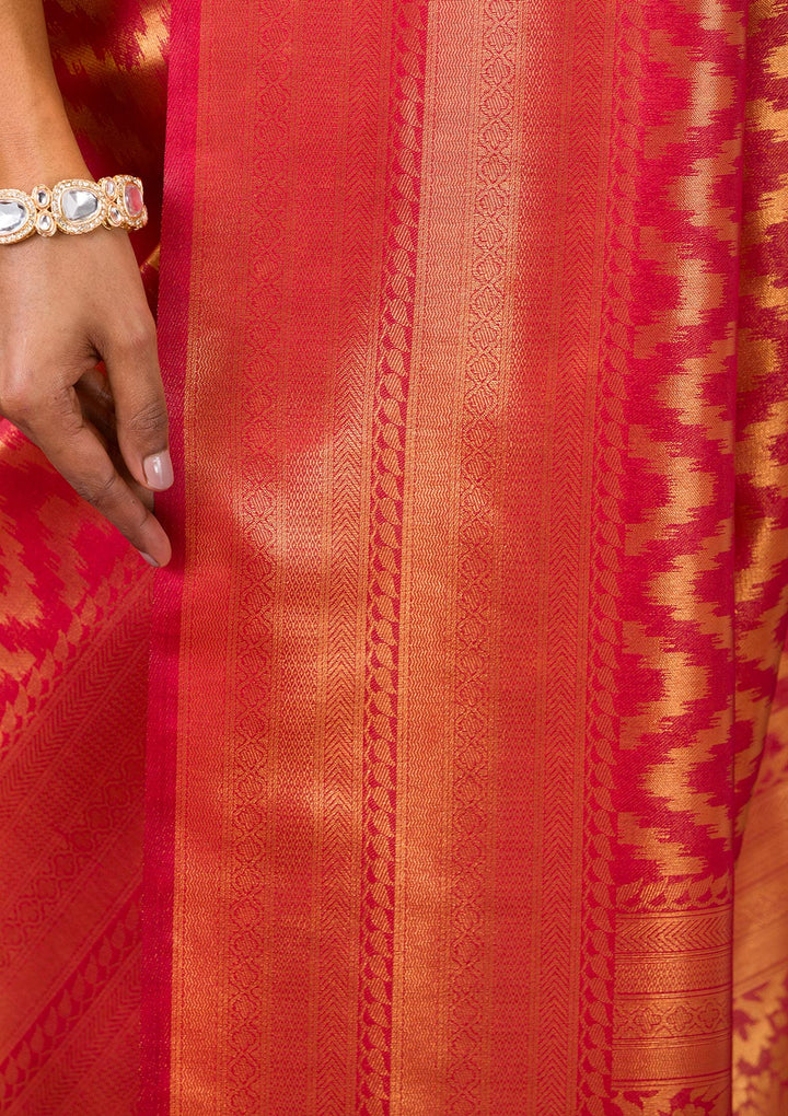 Onion Pink Silk Stripes Gold Zariwork Saree With Matching Blouse Piece