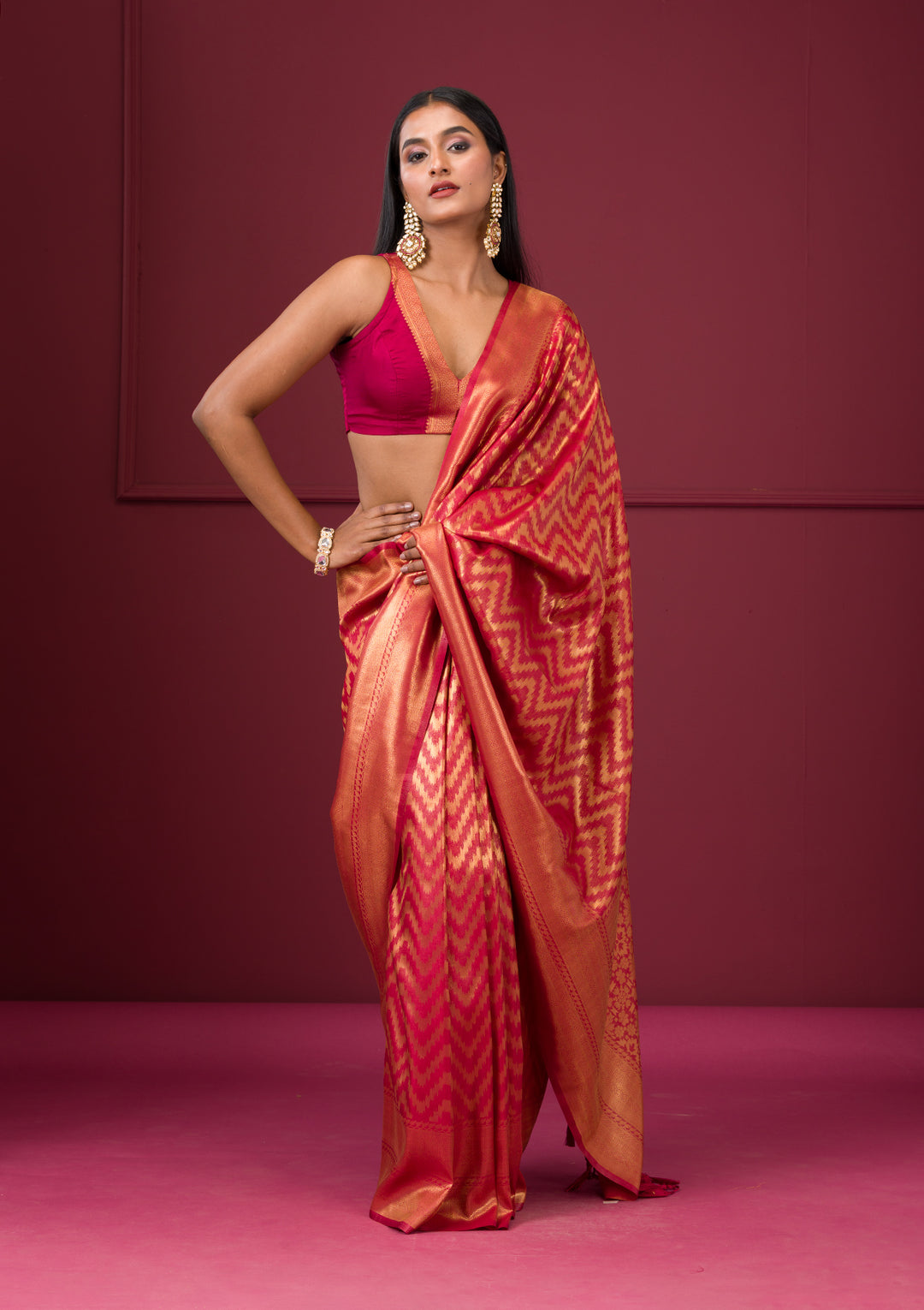 Onion Pink Silk Stripes Gold Zariwork Saree With Matching Blouse Piece