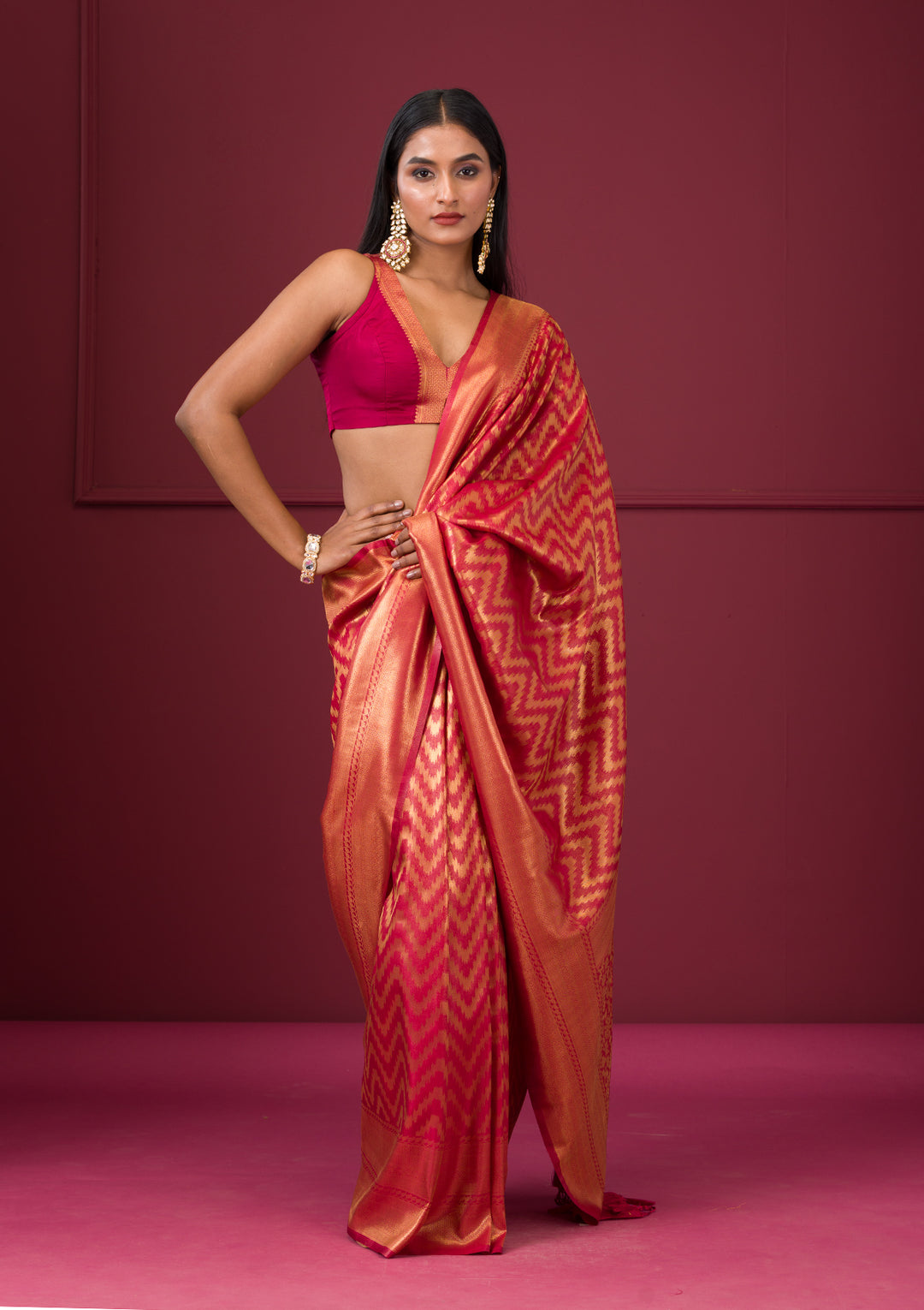 Onion Pink Silk Stripes Gold Zariwork Saree With Matching Blouse Piece