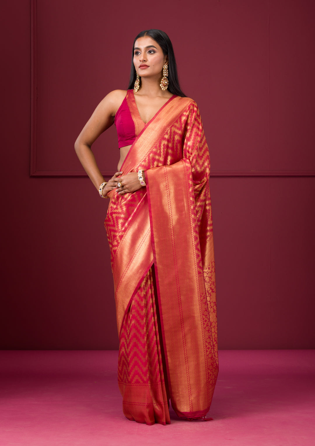 Onion Pink Silk Stripes Gold Zariwork Saree With Matching Blouse Piece