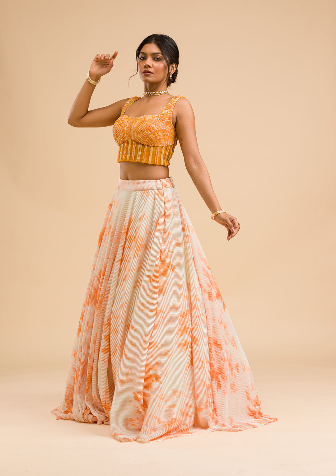Orange Cutdana Lycra Readymade Lehenga