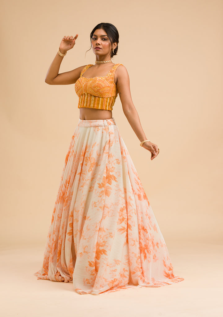 Orange Cutdana Lycra Readymade Lehenga