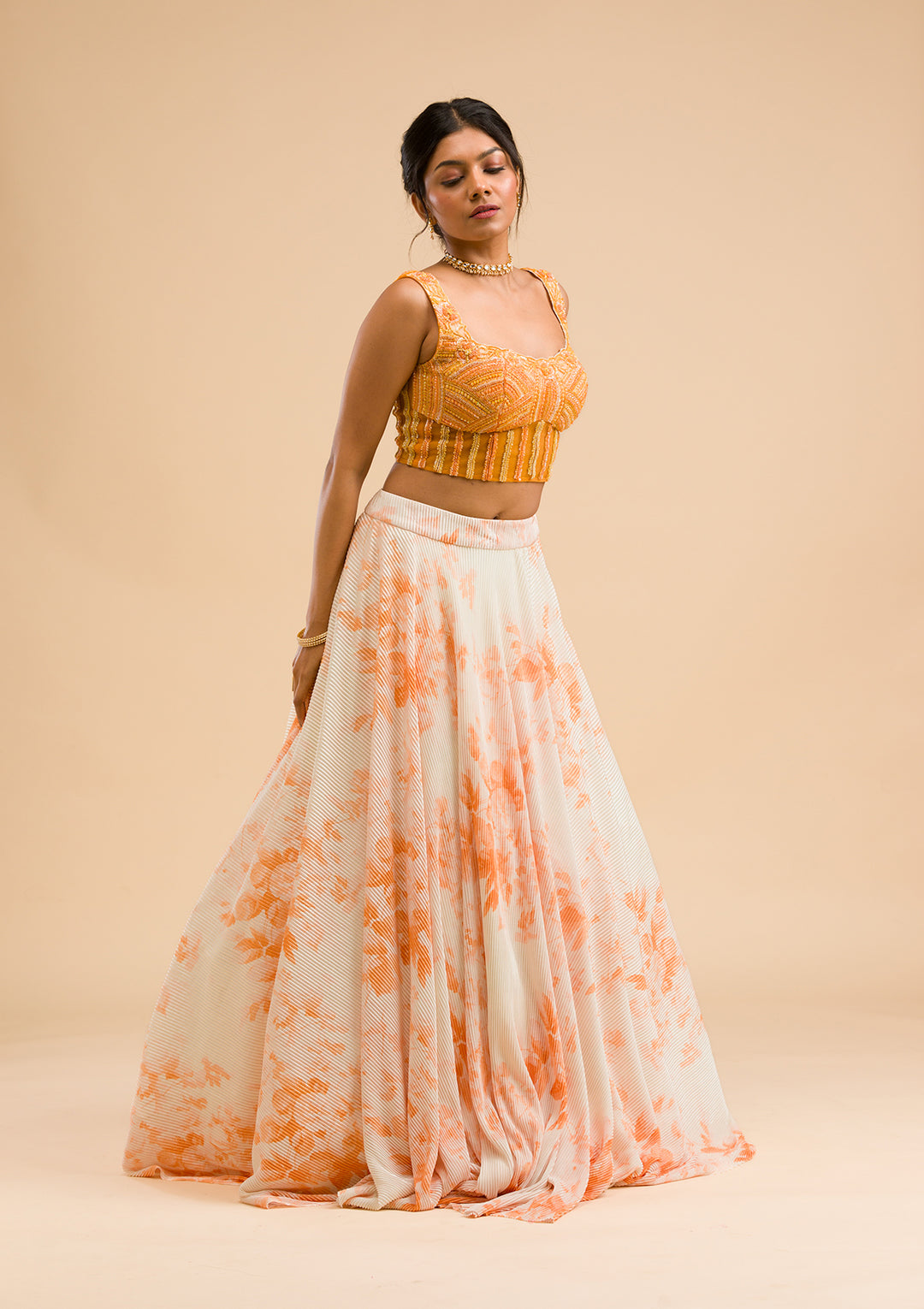 Orange Cutdana Lycra Readymade Lehenga