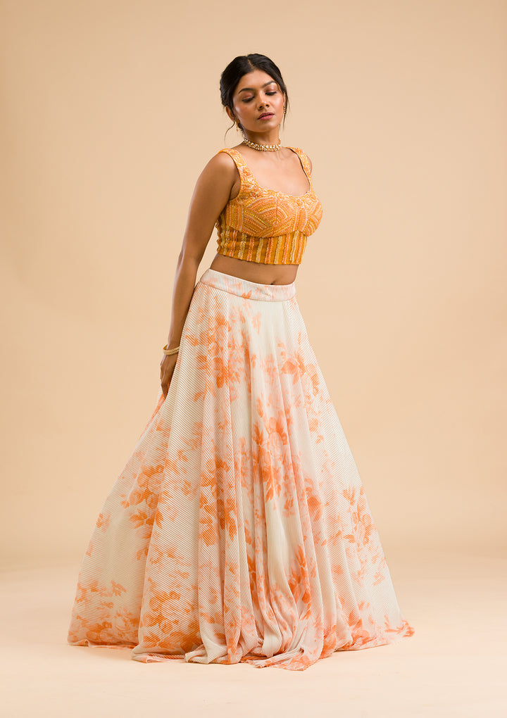 Orange Cutdana Lycra Readymade Lehenga