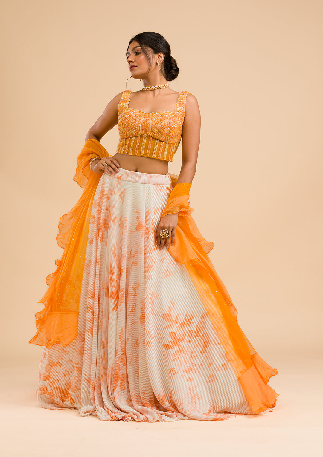 Orange Cutdana Lycra Readymade Lehenga