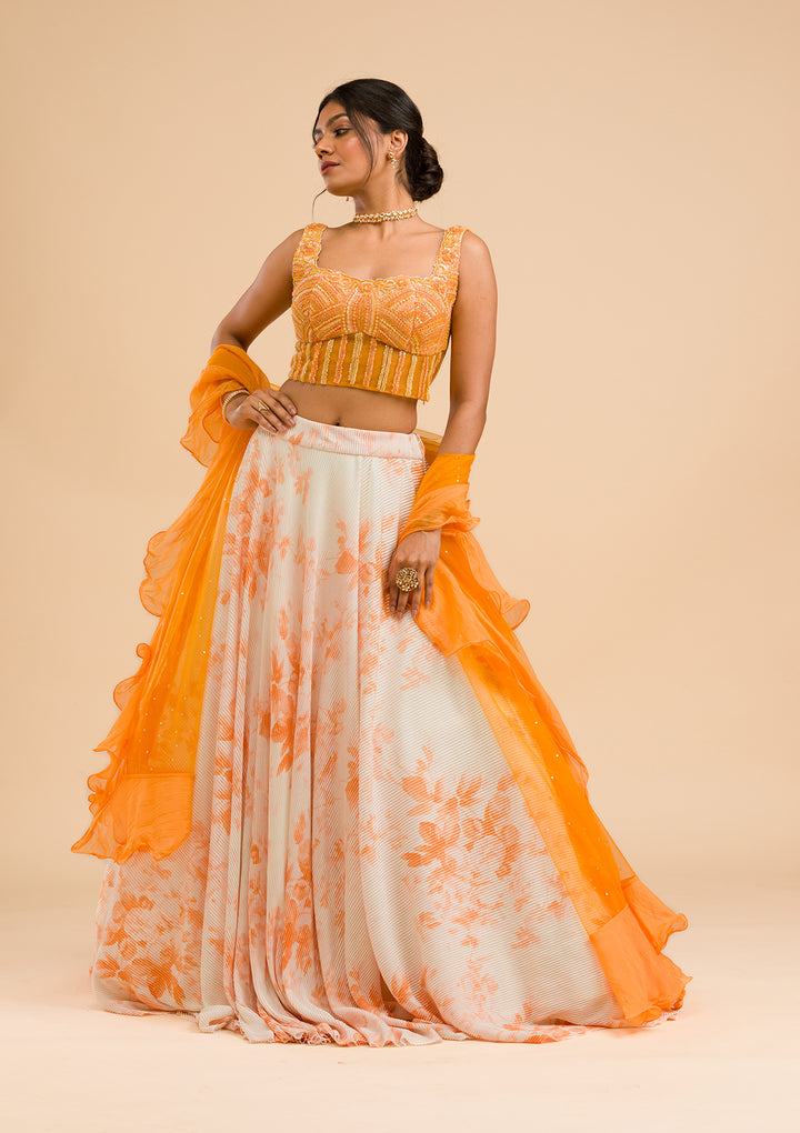 Orange Cutdana Lycra Readymade Lehenga