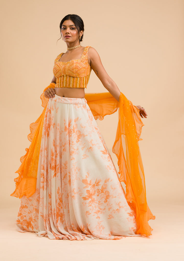 Orange Cutdana Lycra Readymade Lehenga