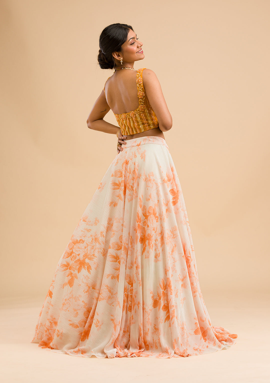 Orange Cutdana Lycra Readymade Lehenga