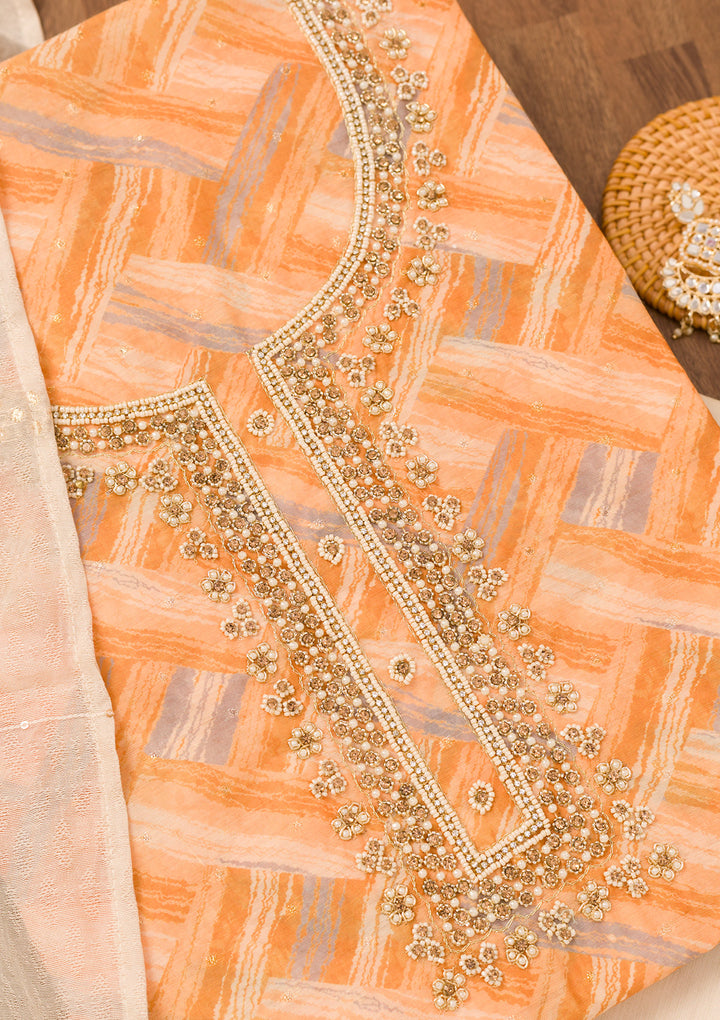 Orange Printed Chanderi Unstitched Salwar Suit