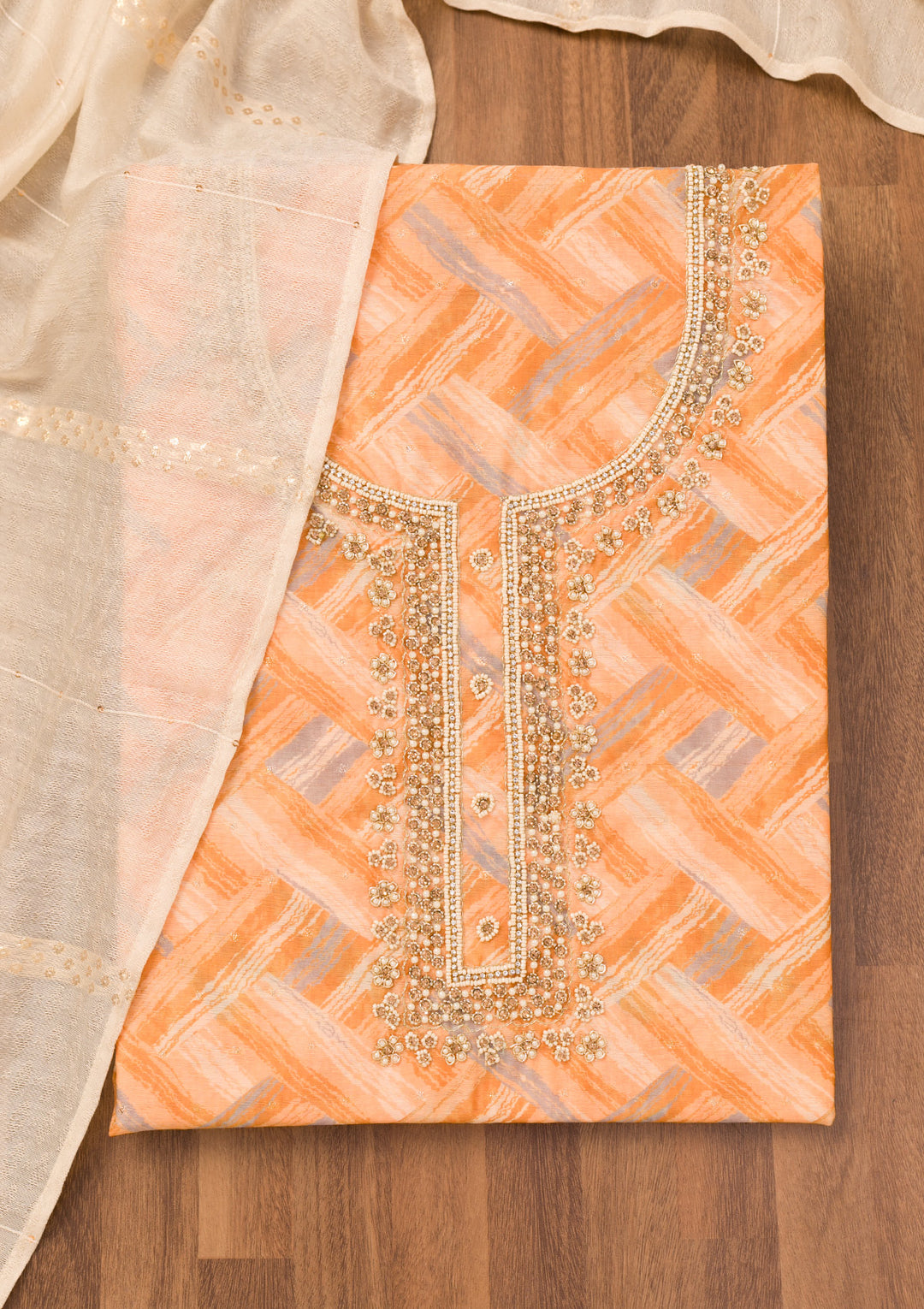 Orange Printed Chanderi Unstitched Salwar Suit