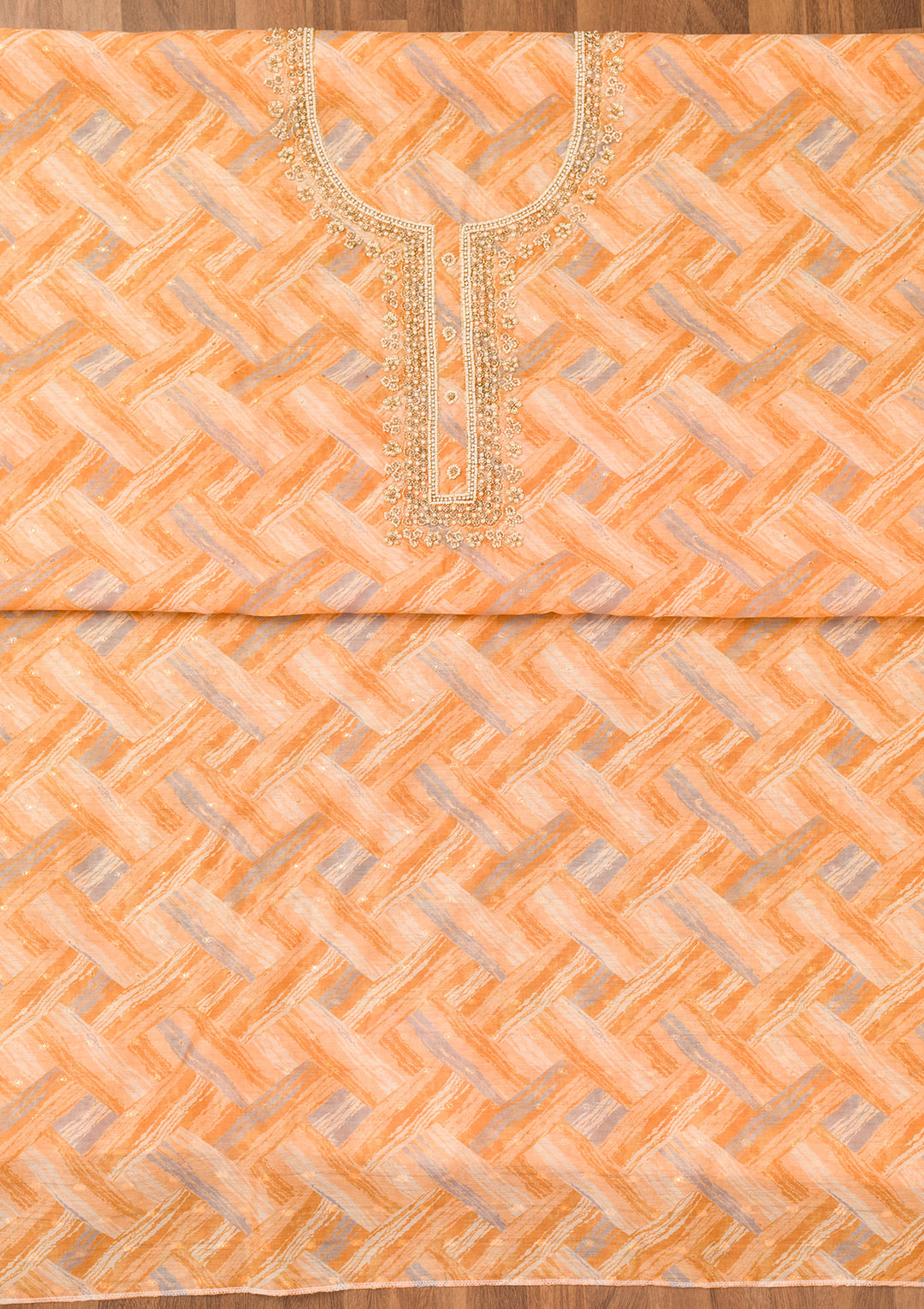 Orange Printed Chanderi Unstitched Salwar Suit