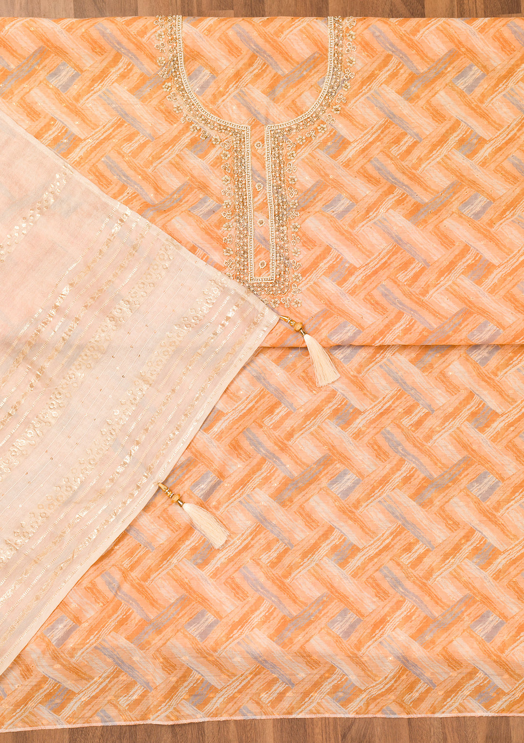 Orange Printed Chanderi Unstitched Salwar Suit