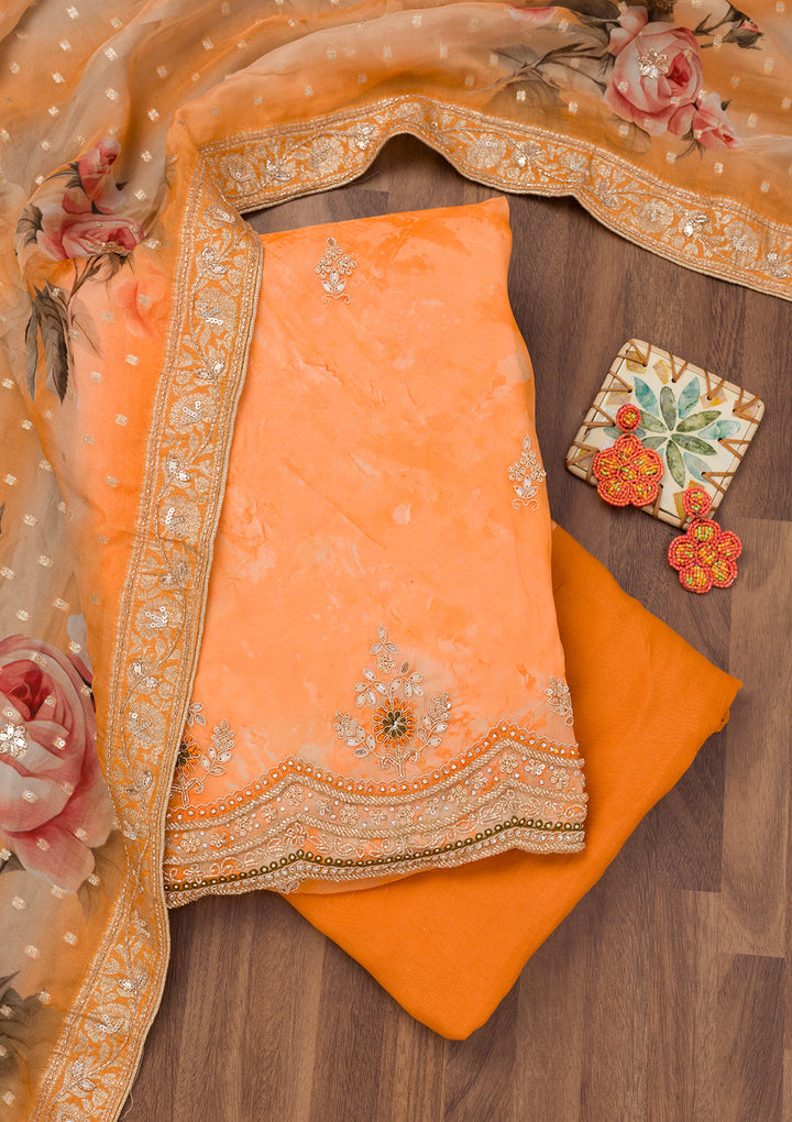 Peach Tissue Cutdana Unstitched Dress Material With Matching Bottom And Dupatta