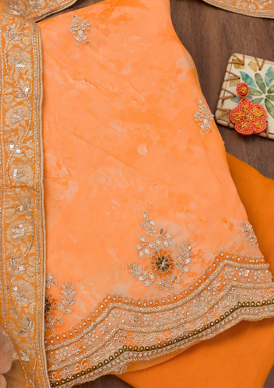 Peach Tissue Cutdana Unstitched Dress Material With Matching Bottom And Dupatta