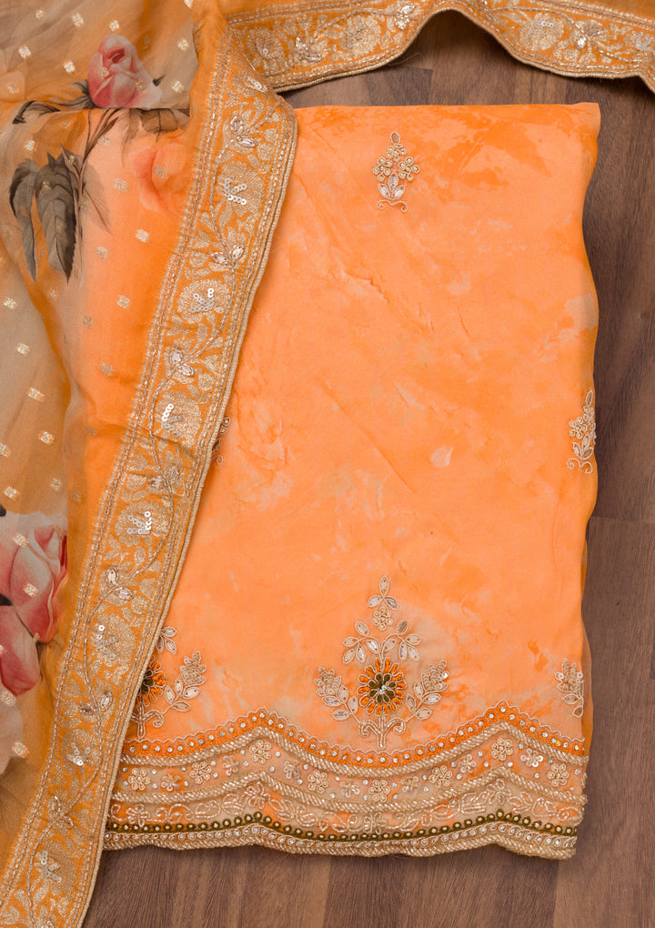 Peach Tissue Cutdana Unstitched Dress Material With Matching Bottom And Dupatta