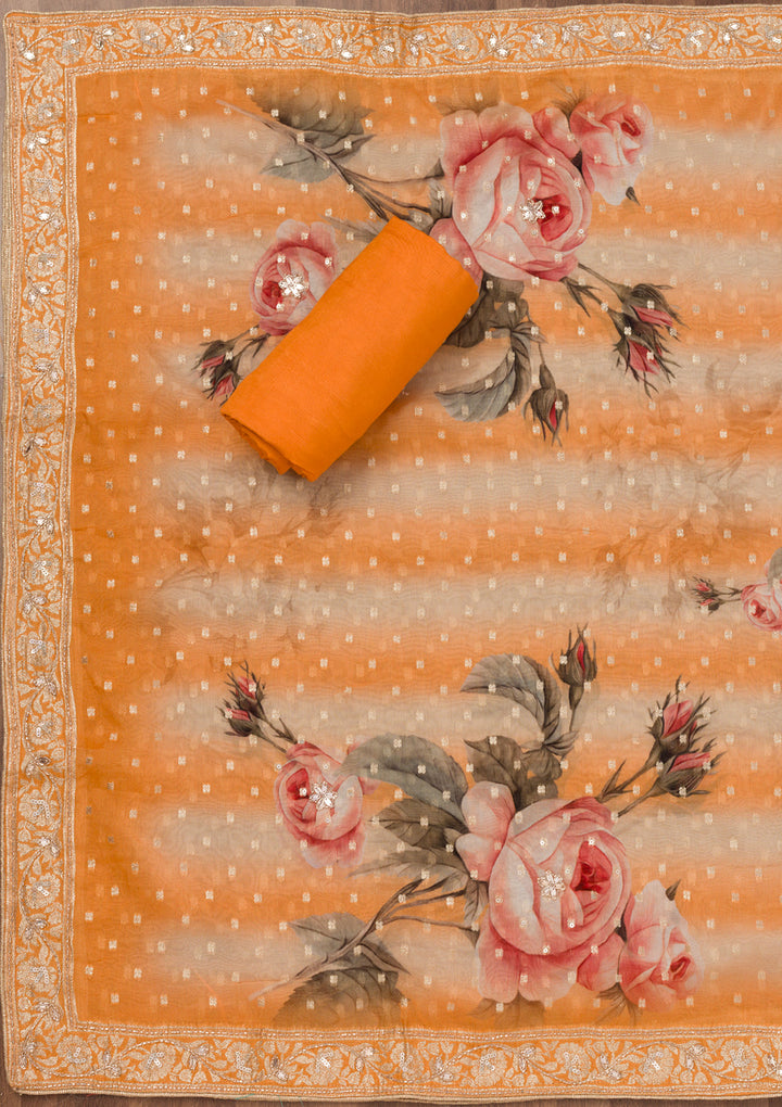 Peach Tissue Cutdana Unstitched Dress Material With Matching Bottom And Dupatta