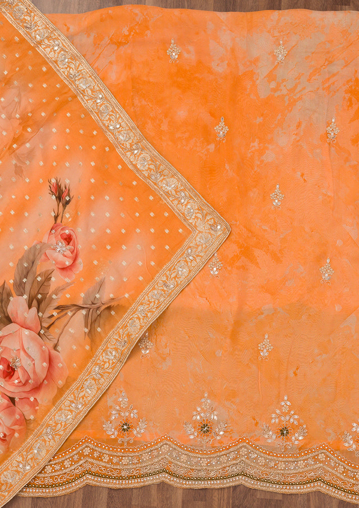 Peach Tissue Cutdana Unstitched Dress Material With Matching Bottom And Dupatta