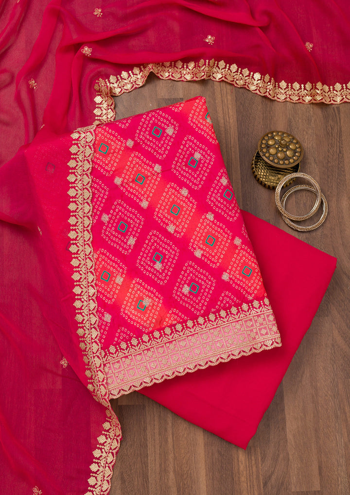 Orange Multi Tissue Bandhej Silver Zardozi Unstitched Dress Material With Matching Bottom And Dupatta