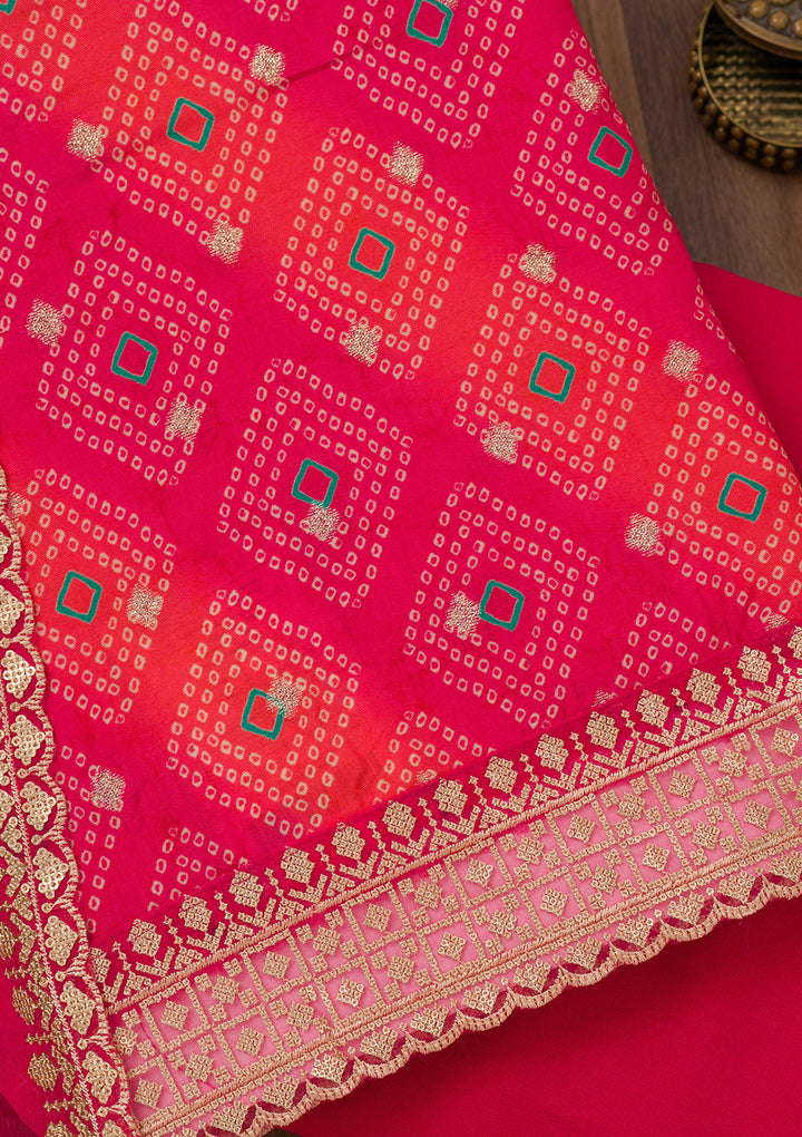 Orange Multi Tissue Bandhej Silver Zardozi Unstitched Dress Material With Matching Bottom And Dupatta