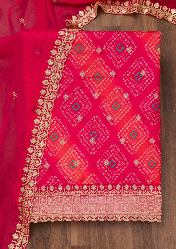 Orange Multi Tissue Bandhej Silver Zardozi Unstitched Dress Material With Matching Bottom And Dupatta