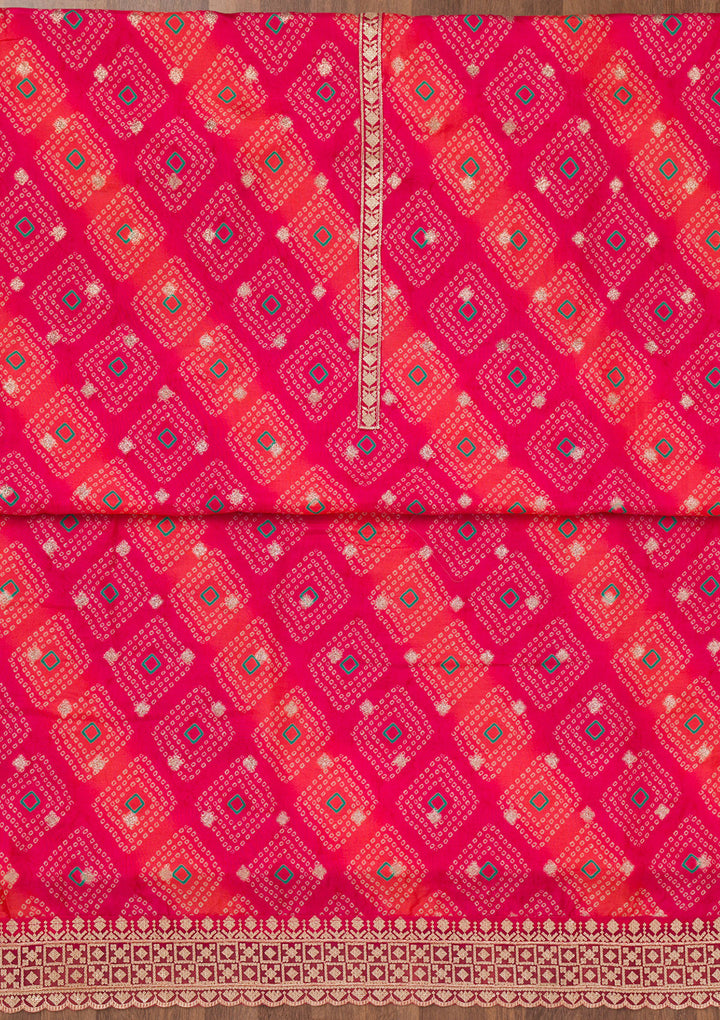 Orange Multi Tissue Bandhej Silver Zardozi Unstitched Dress Material With Matching Bottom And Dupatta