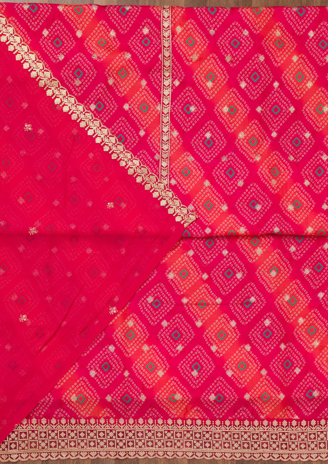 Orange Multi Tissue Bandhej Silver Zardozi Unstitched Dress Material With Matching Bottom And Dupatta
