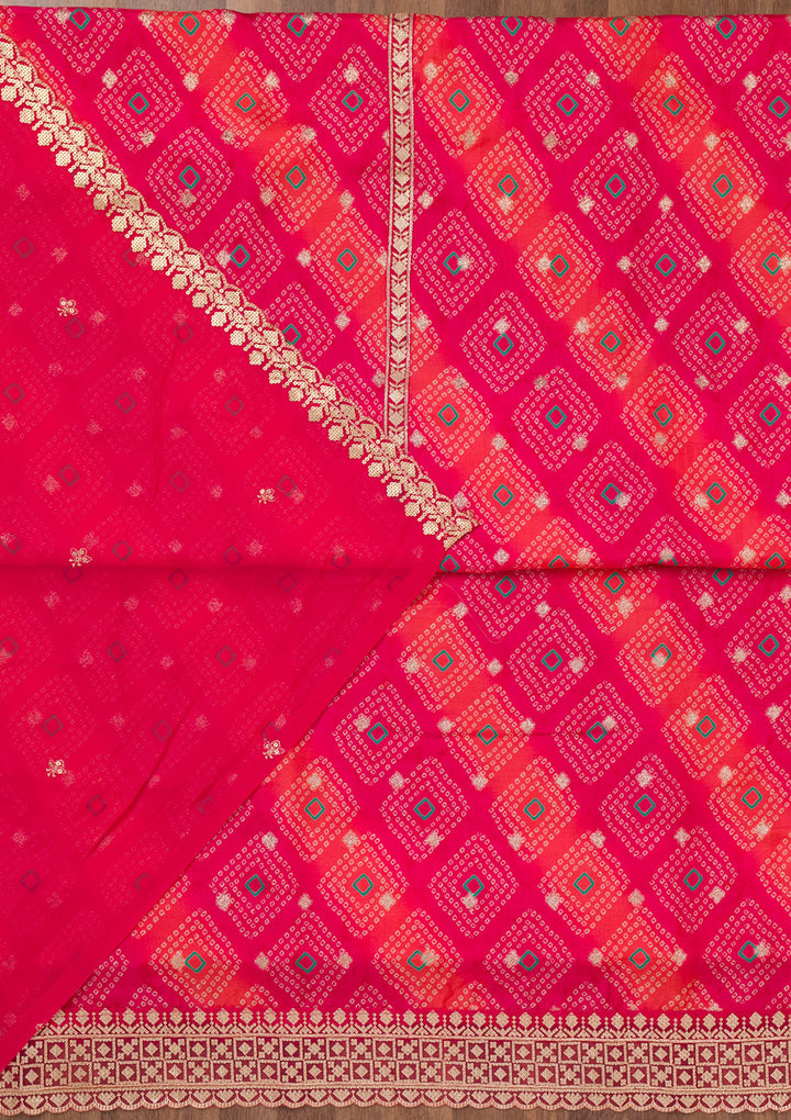 Orange Multi Tissue Bandhej Silver Zardozi Unstitched Dress Material With Matching Bottom And Dupatta