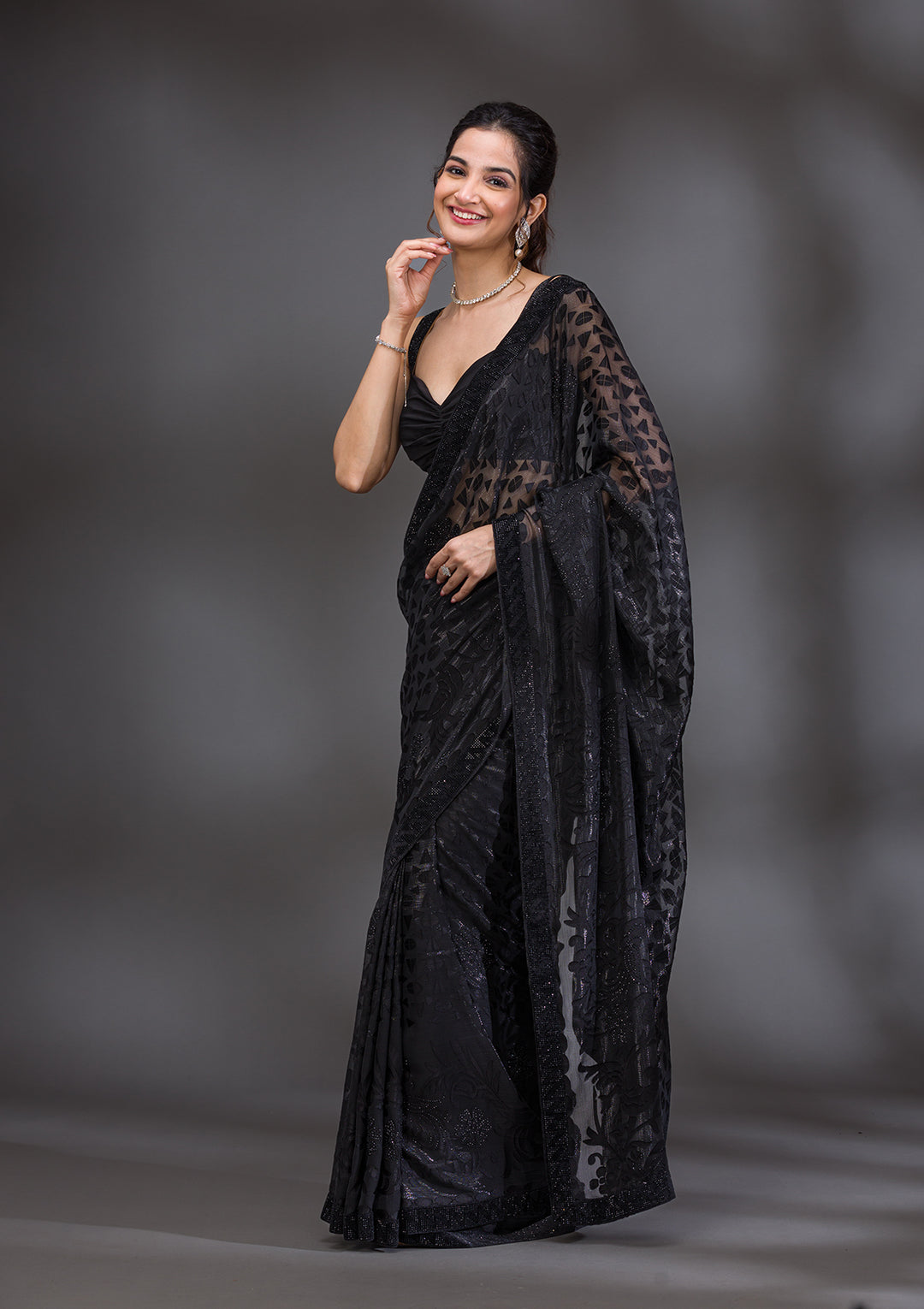 Black Organza Swarovski Saree With Matching Blouse Piece