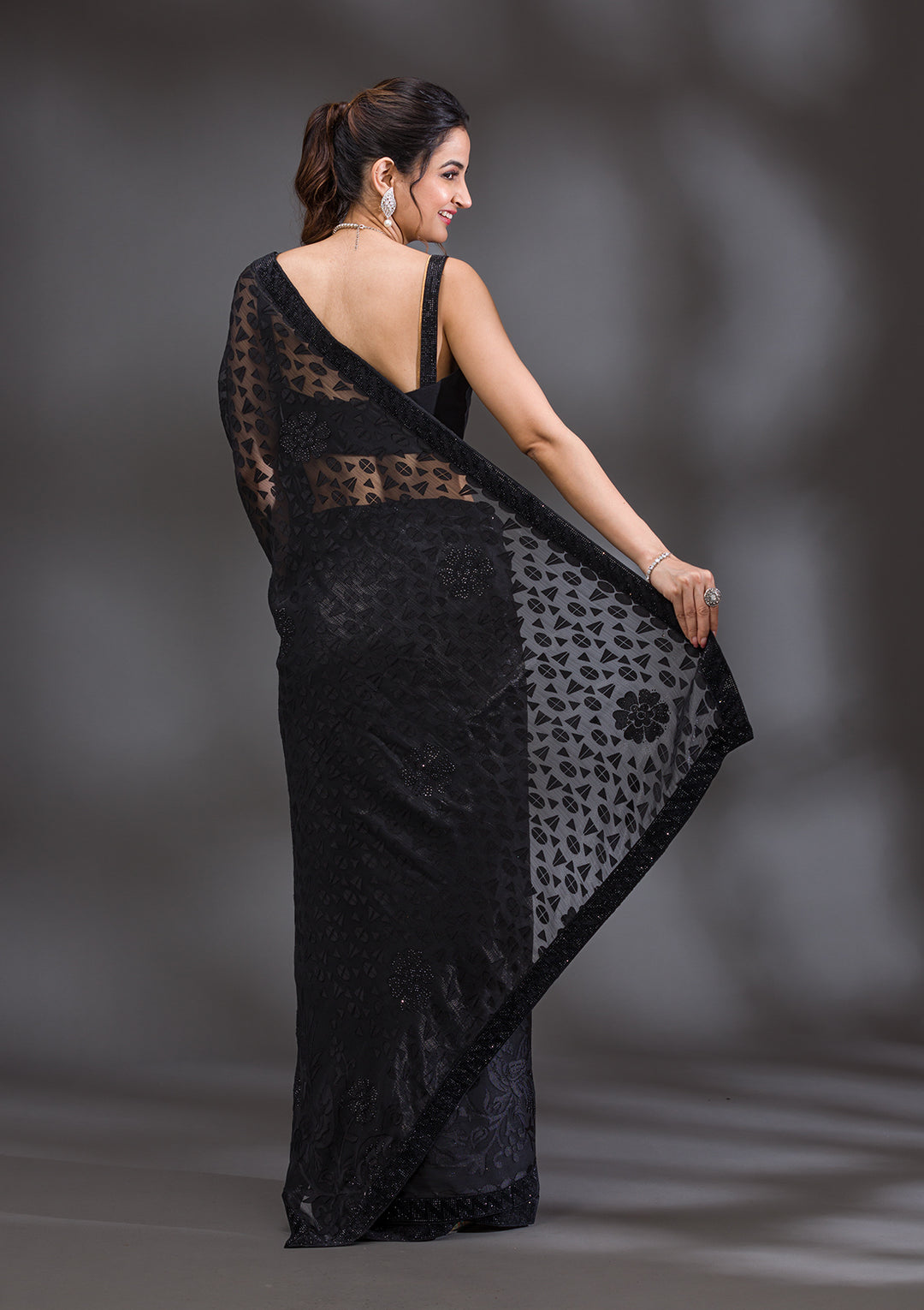 Black Organza Swarovski Saree With Matching Blouse Piece