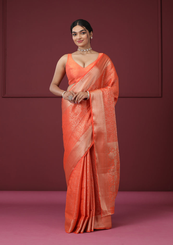 Orange Silk Jaal Gold Zariwork Saree With Matching Blouse Piece