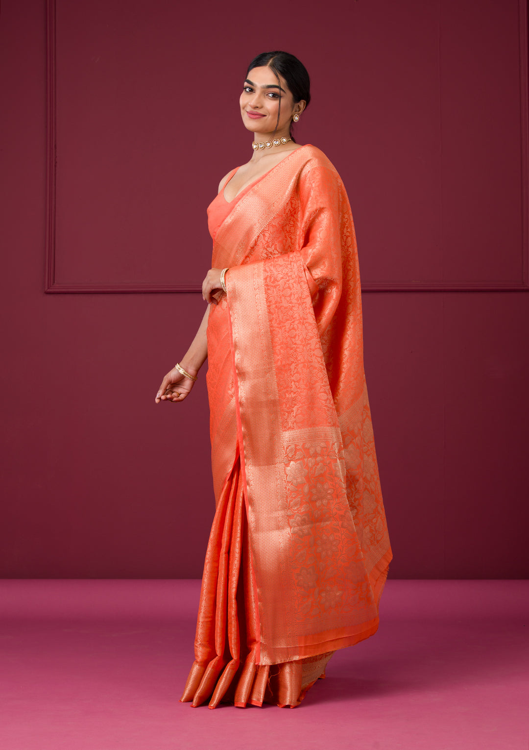 Orange Silk Jaal Gold Zariwork Saree With Matching Blouse Piece