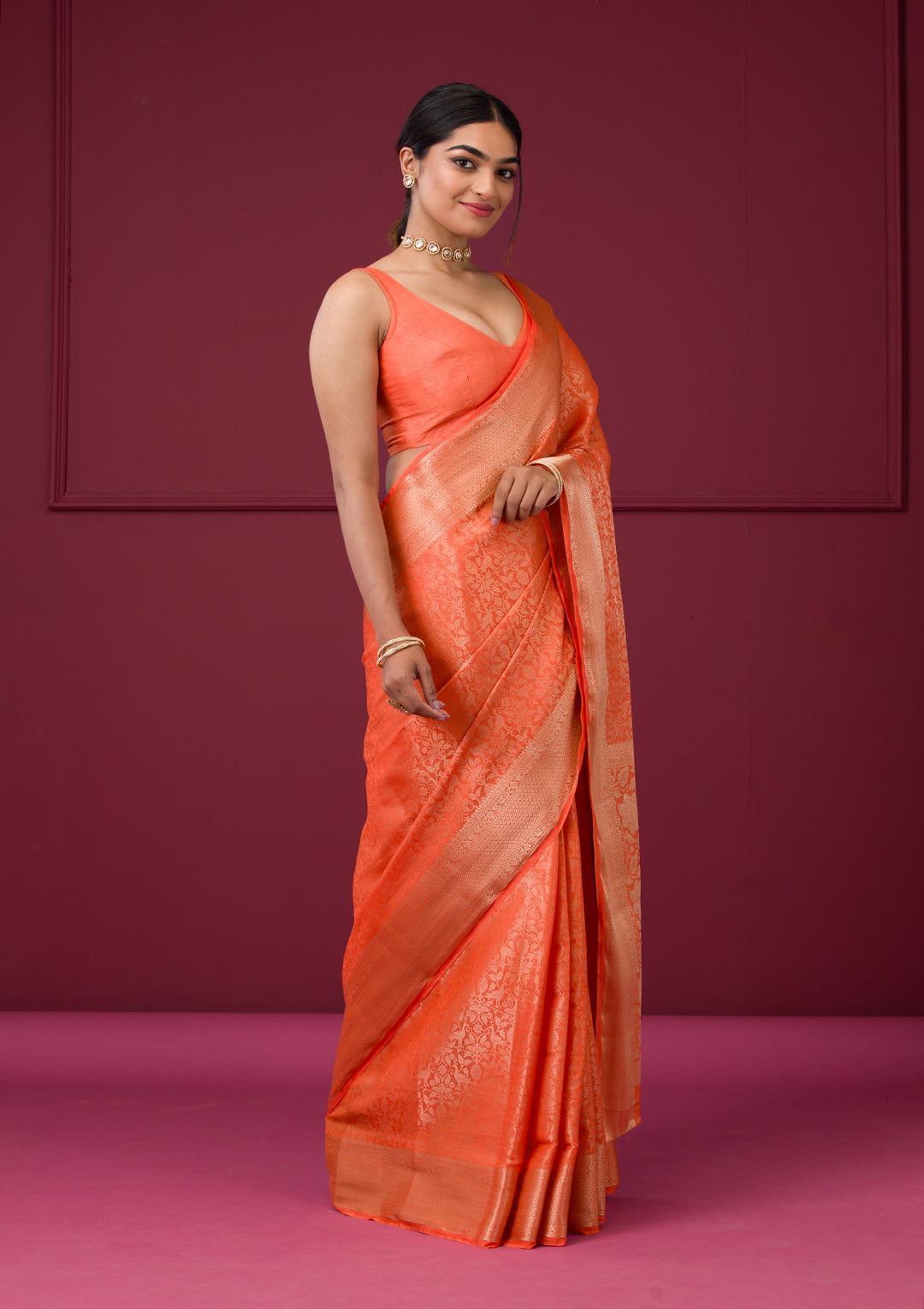 Orange Silk Jaal Gold Zariwork Saree With Matching Blouse Piece