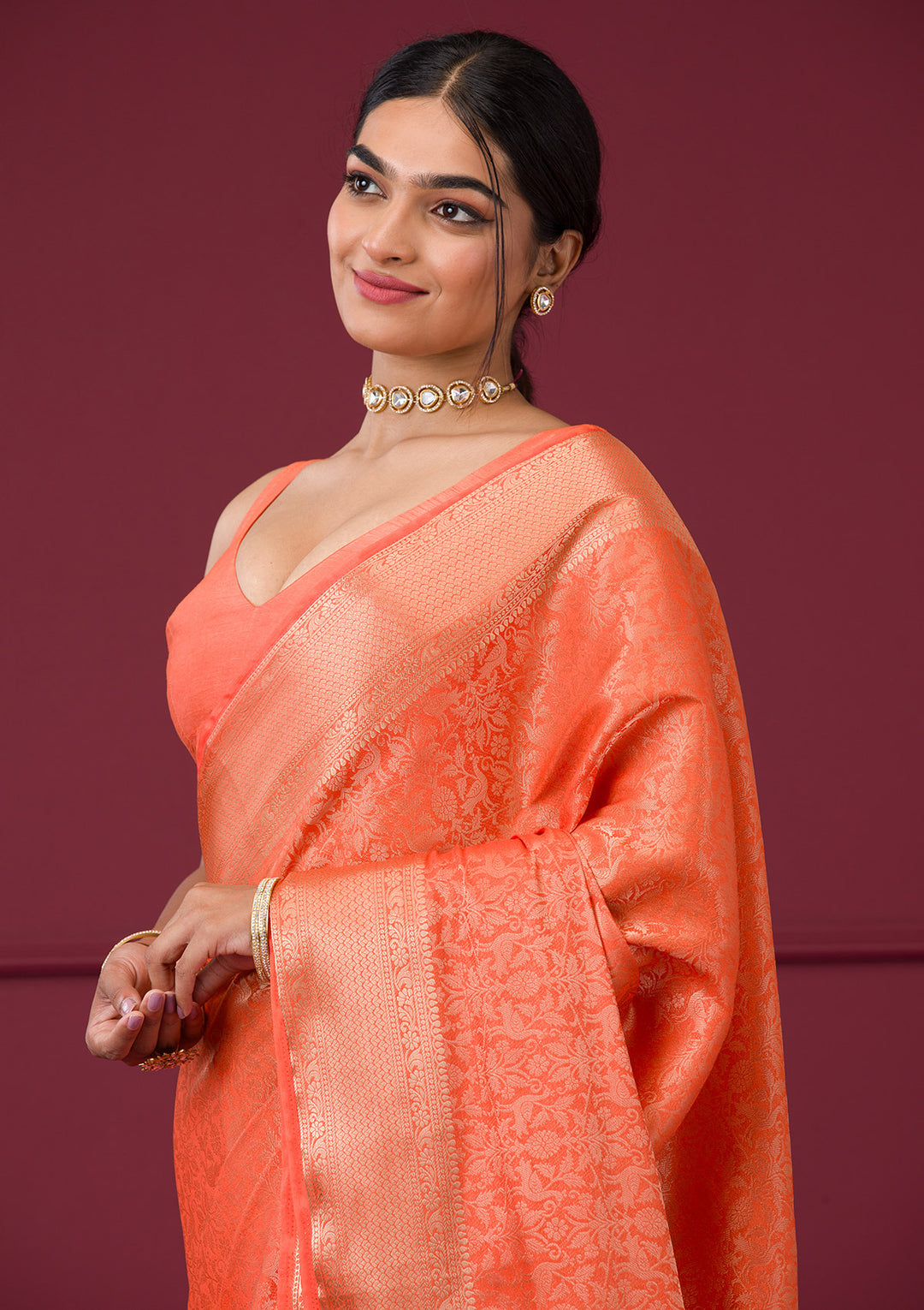 Orange Silk Jaal Gold Zariwork Saree With Matching Blouse Piece