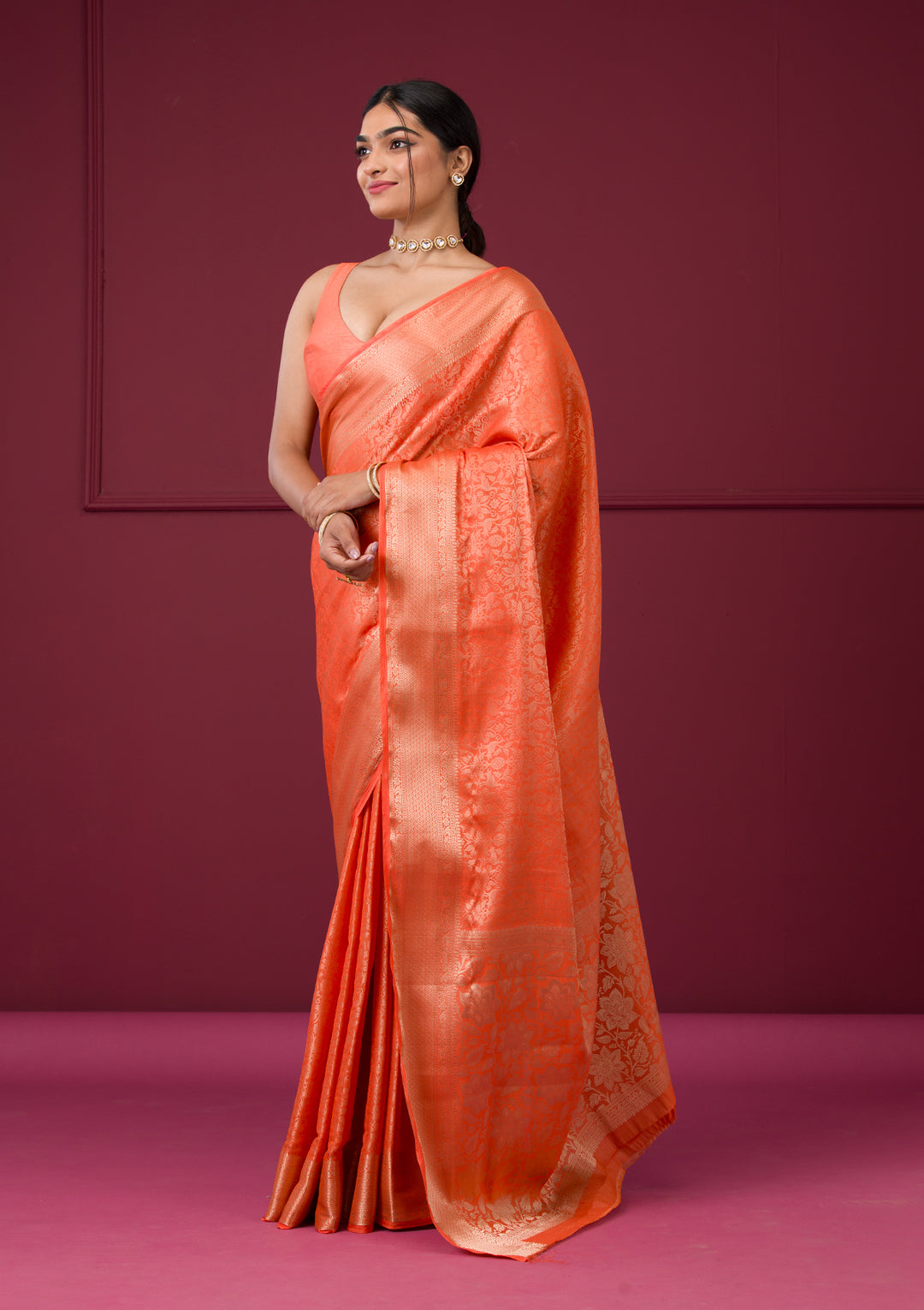 Orange Silk Jaal Gold Zariwork Saree With Matching Blouse Piece