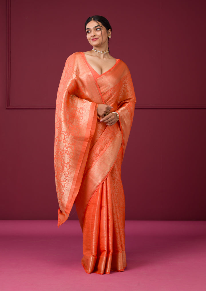 Orange Silk Jaal Gold Zariwork Saree With Matching Blouse Piece