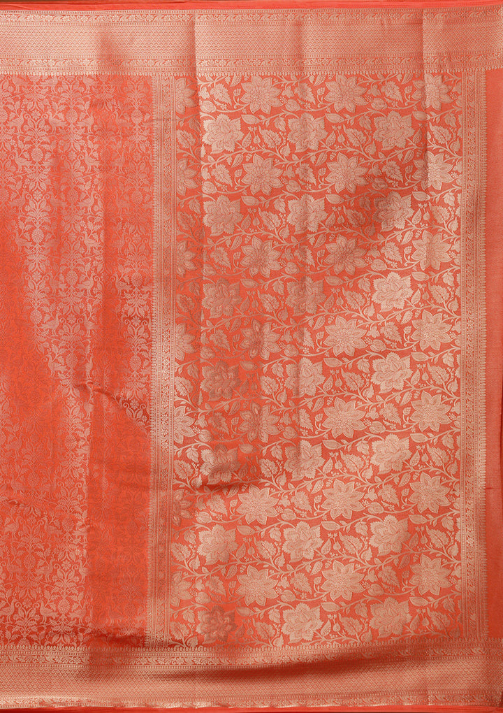 Orange Silk Jaal Gold Zariwork Saree With Matching Blouse Piece