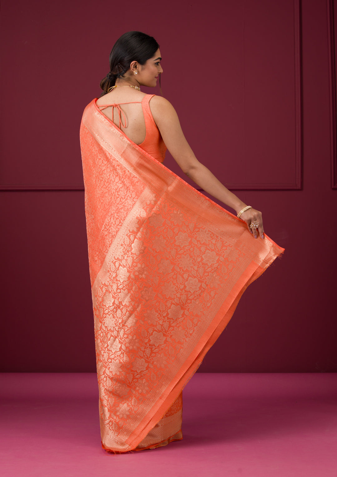 Orange Silk Jaal Gold Zariwork Saree With Matching Blouse Piece