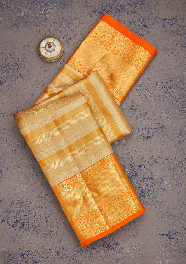 Orange Tissue Stripes Gold Zariwork Saree With Matching Blouse Piece