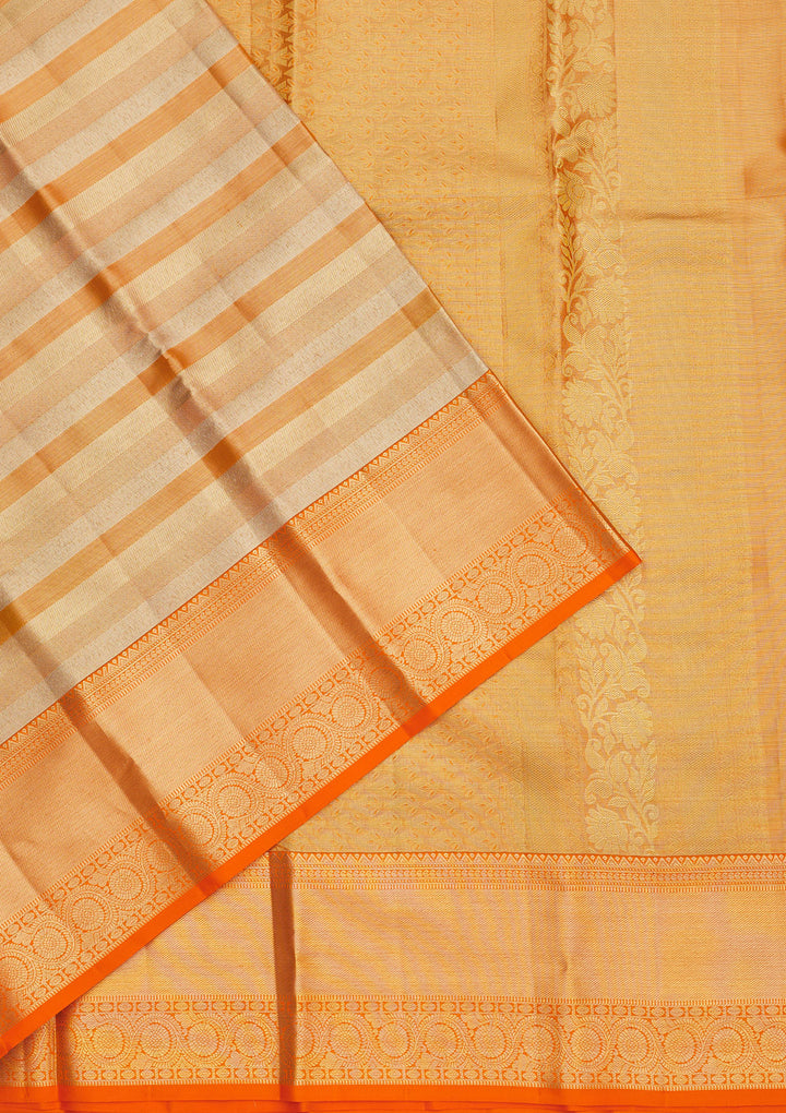 Orange Tissue Stripes Gold Zariwork Saree With Matching Blouse Piece